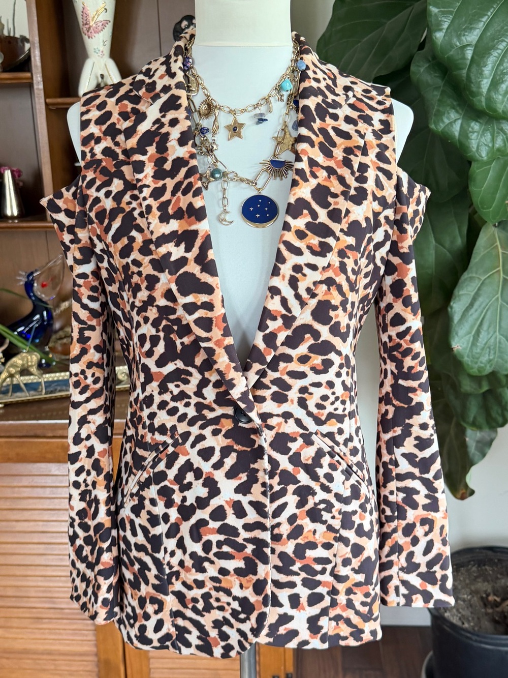 Boston Proper Leopard Animal Spot Print Cold Shoulder Blazer Jacket 6